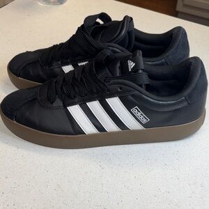 Adidas Men's Black and White Sneakers with Brown Sole